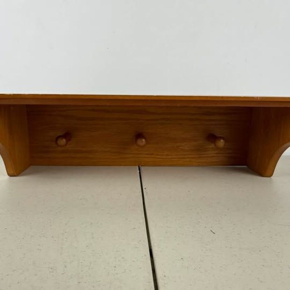 Oak Finish Wooden Wall Shelf with 3 Pegs